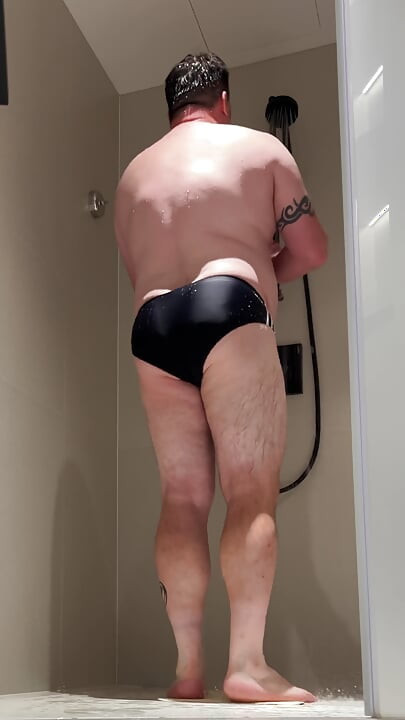 Tight Black Swimming Trunks Piss Cum and Shower