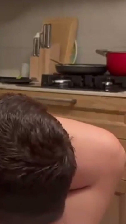 Kitchen doggy lick then she fingers herself | Clip 1