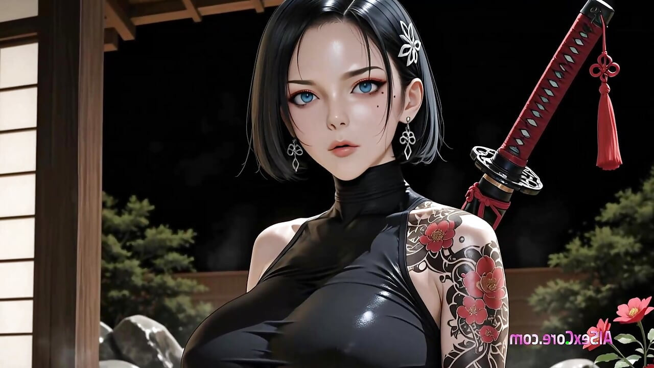Samurai-babe kler av seg mens sverdet hennes glitrer, og blir deretter festet og gjennomvåt i dampende sæd (AI Sex)