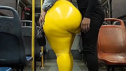 "Masked BBW Teases Huge Ass in Shiny Yellow Leggings on Public Bus"