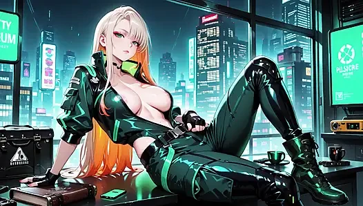 Neon Rain Night! Blonde Agent in Wet Leather Crouching Low, Holographic Glow & Cold Glances.