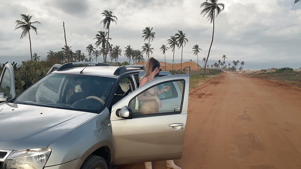 Naked Busty Blonde Walks by Car on Public Road