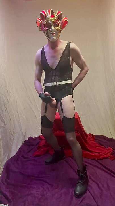 Wet Look Suspender Belt And Big Balls And Cock
