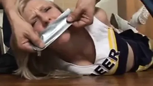 blonde cheerleader hogtied and duct tape gagged