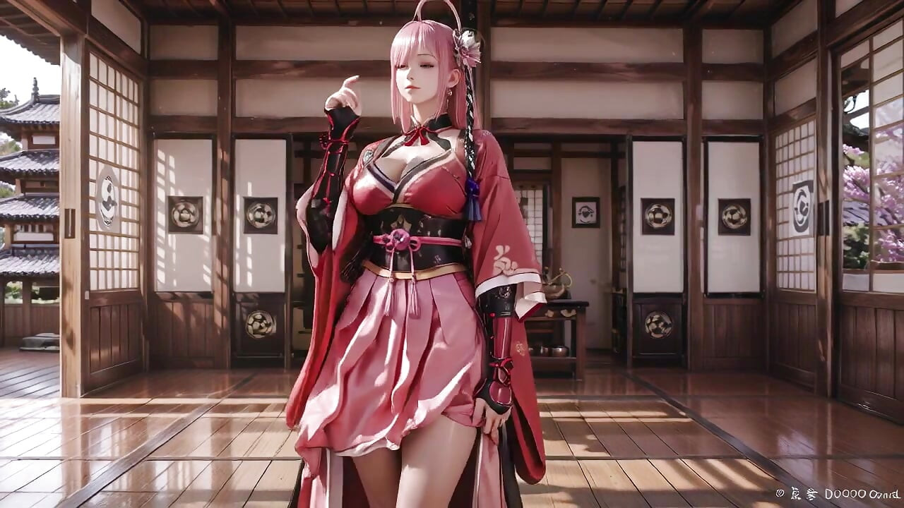 Samurai vermelho! Guerreiro de cabelos rosa ajoelhando-se no tatame, quimono de alta fenda deslizando para revelar coxas de neve.