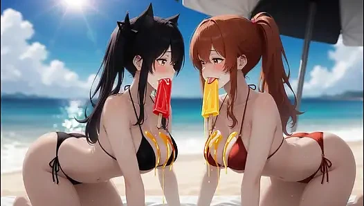 Yapay zekalı gotik güzellik kızıl saçlı güzellikle tanışıyor - plaj geçiti (buz popları yiyor)