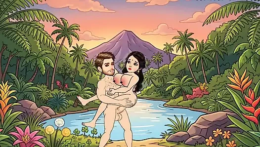 Man fucks woman with big cock in the forest, woman is very happy.