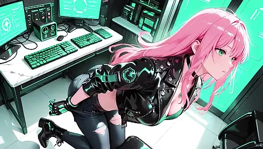 Pembe saçlı deri teknik! Neon aydınlatmalı bir siber koridorda özel titreşimler.