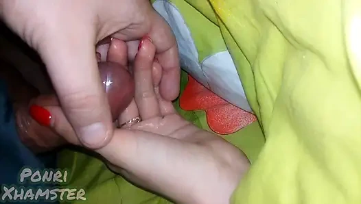 My stepsister's hand is covered in precum and then thick cum