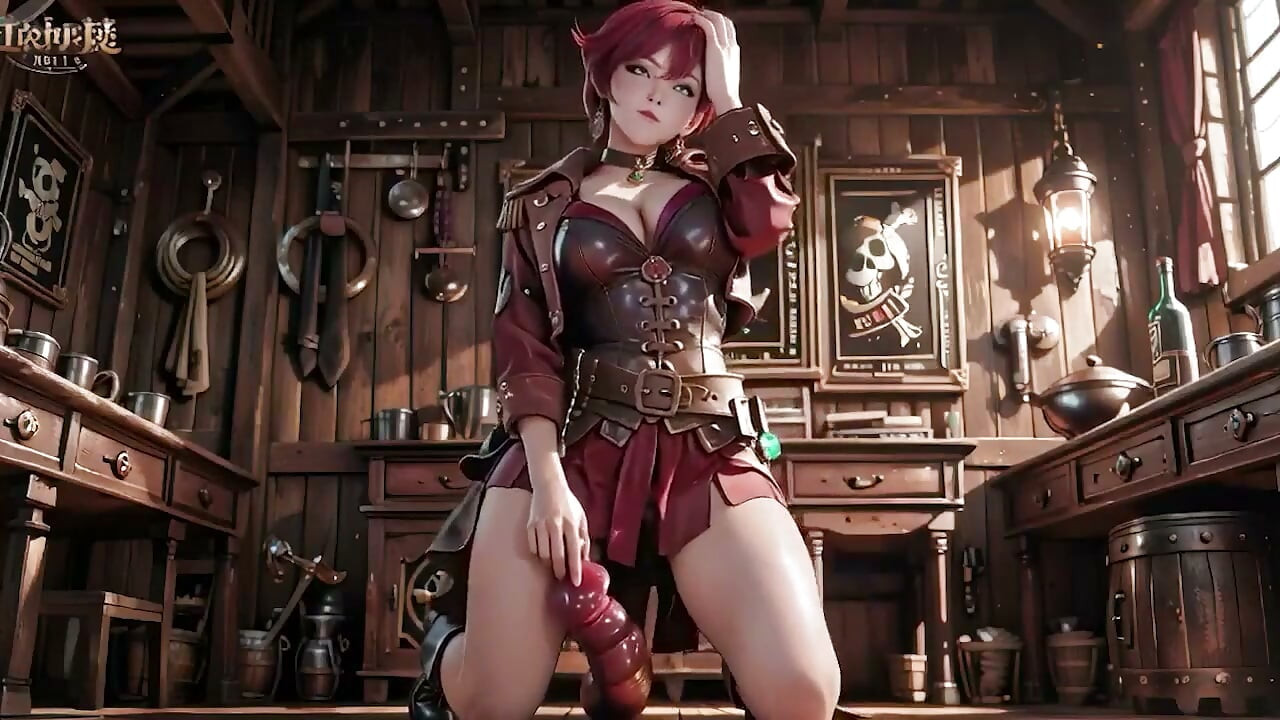 Redhead Pirate Captain! Playing with Her Cutlass in a Vintage Ship Cabin.