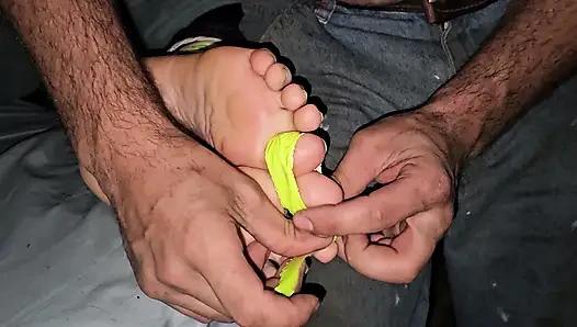 bondage footjob of asian teen feet cum on soles