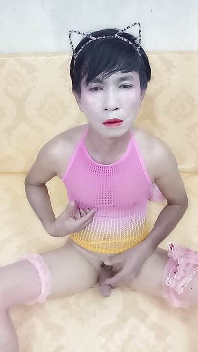 Transgender Oanh Le wears sexy clothes masturbating and ejaculates all over her body