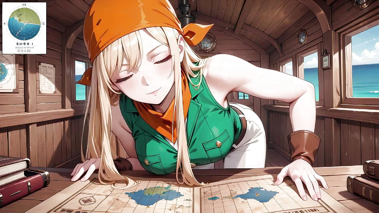 Blonder piraten-kapitän! Grüne Uniform & grobe Seile auf einem sonnigen Deck. Lange posen, lange beine bloßgestellt und dieser neckende blick