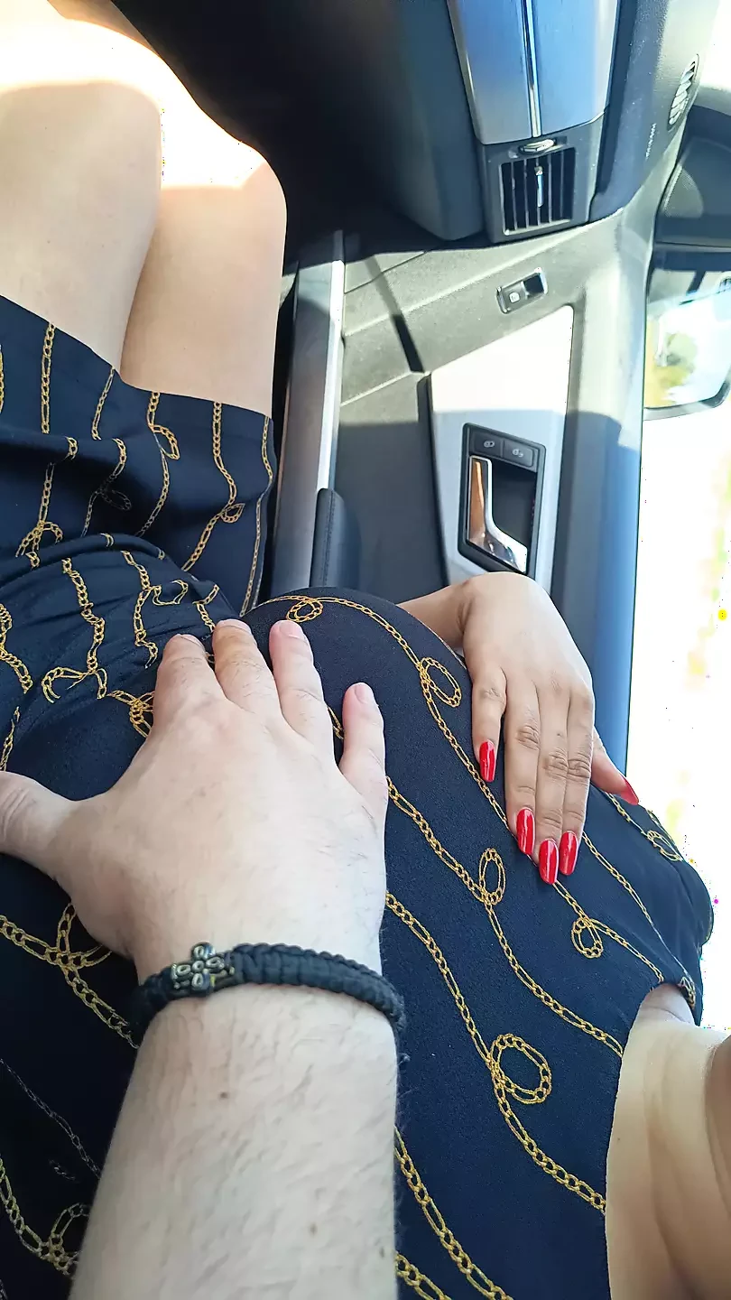 Real public red nails hand job in the car with cum