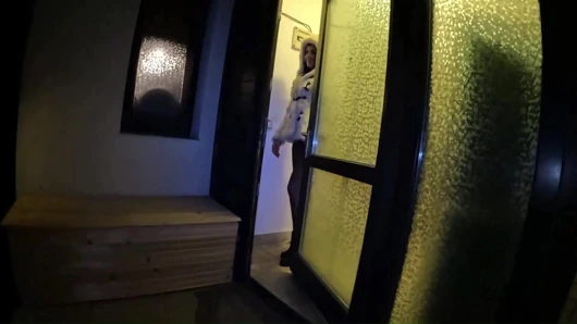 Risky White Fur Coat Blowjob and Doggy Indoors and Out