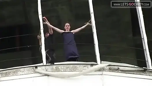 Sexy girl with small tits gets bound while naked