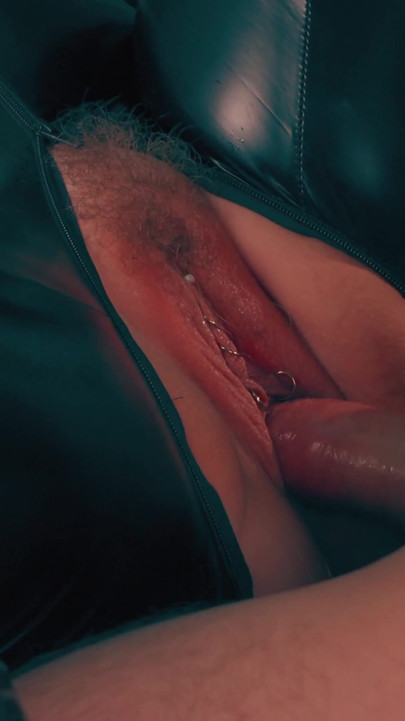 Tearing off clothes and rough fuck in a hairy pussy, Facial. Big Ass MILF in shiny black PVC catsuit used like a slut | Clip 1