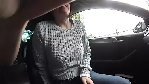 Wife flashing her Small tits in the car