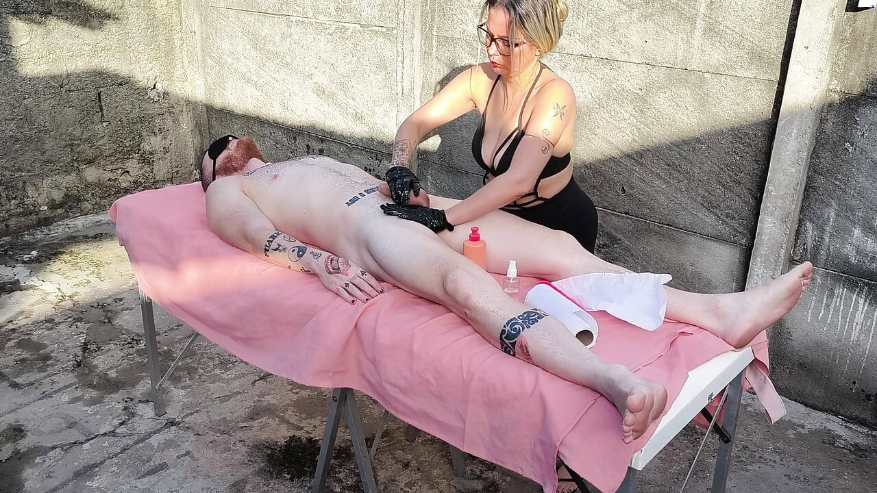 Nude massage outdoors with hot blonde