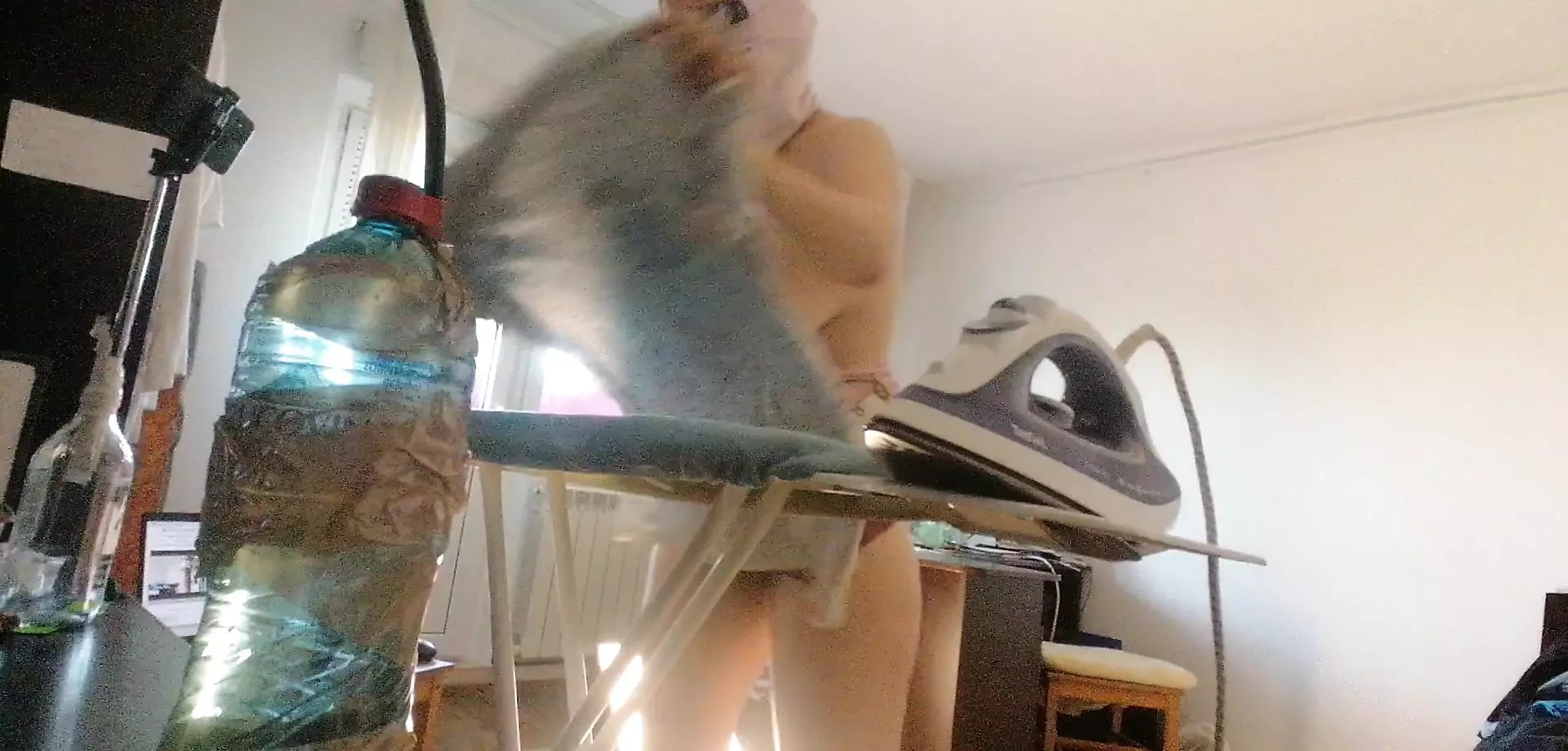 Sexy woman does yoga naked. Sexy hairy brunette, big, big ass. Sexy woman dancing naked, hairy, big.