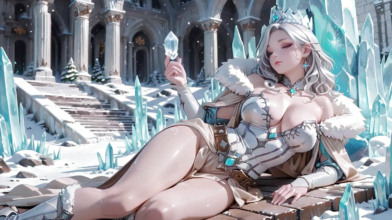 Silver-Haired Ice Queen! Kneeling in the Frozen Castle, her cold armor hides so many secrets. Hand on chest, biting lips...