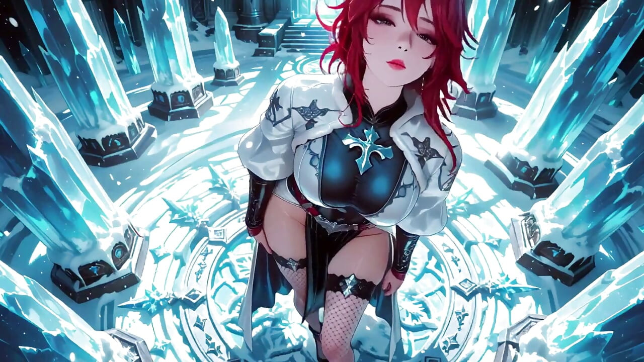 Ice Queen! Kızıl saçlı büyücü kristal salona çarpıcı bir giriş yapıyor, bornoz biraz açık ve personel baştan çıkarıcı bir şekilde