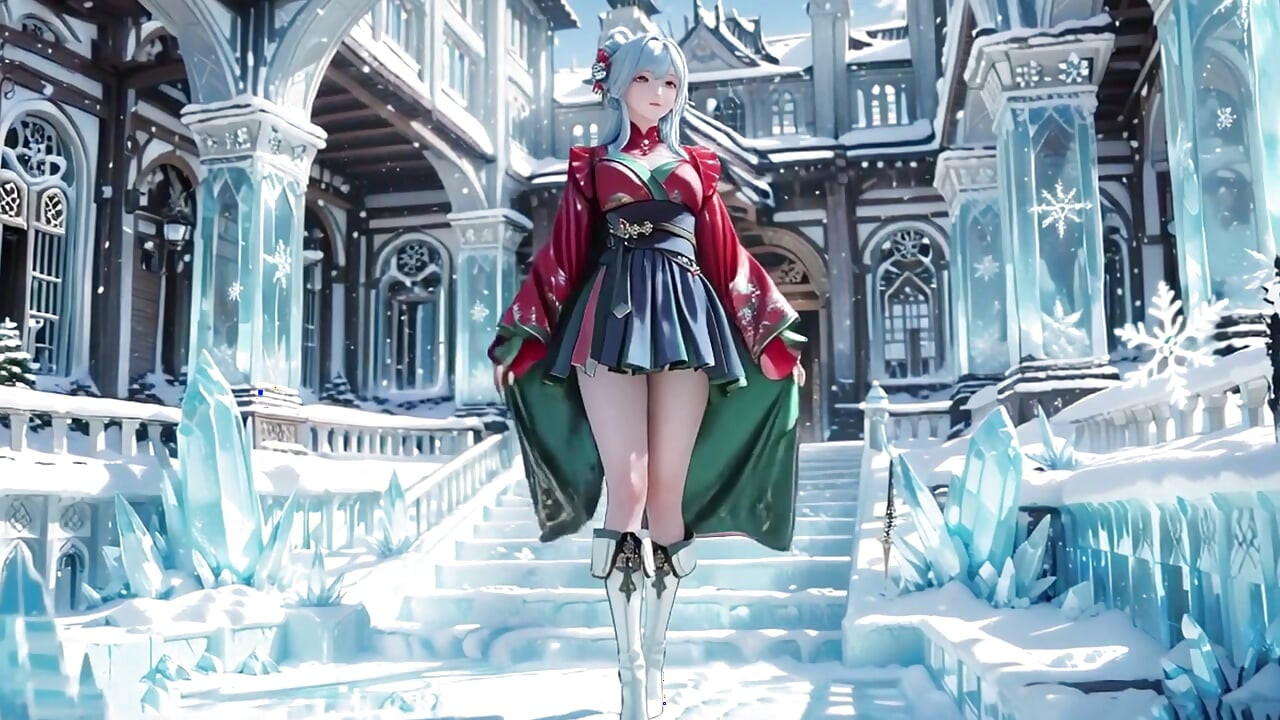 Ice Throne! Silver-haired Mage in Red-Green Gown Kneeling, Blue-Haired Partner Teasing in Snowy Realm!