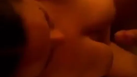 Pissing on her big beautiful natural tits