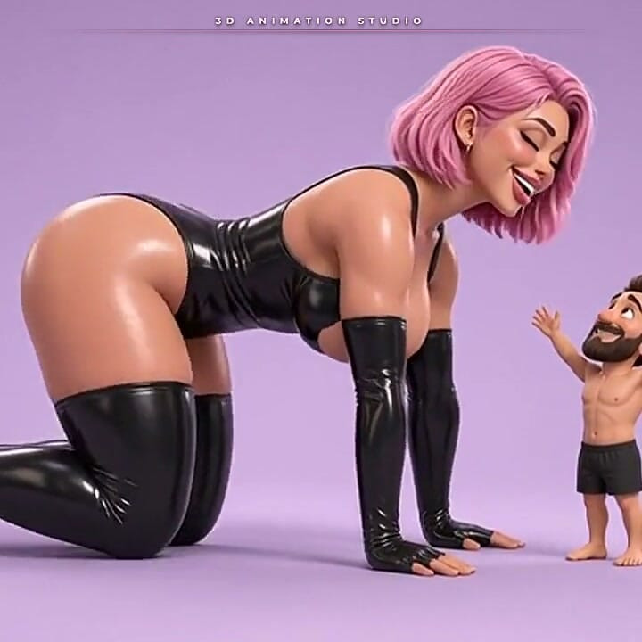 Pink-haired Latex Mistress Crawls Down for a Long Kiss with Her Tiny Man