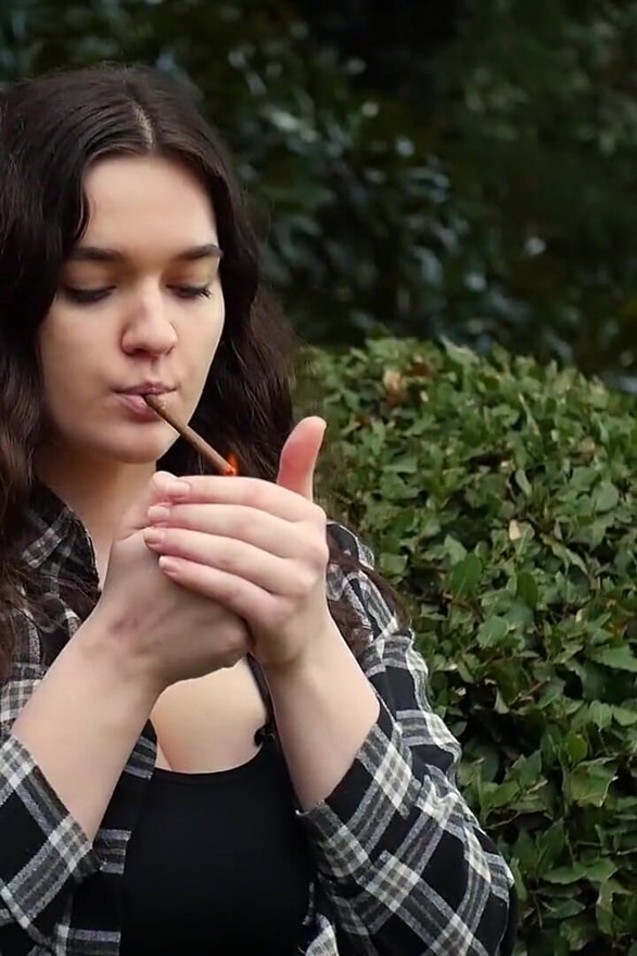 Sweet and Busty Russian Babe Smoking Cigarette in Nature