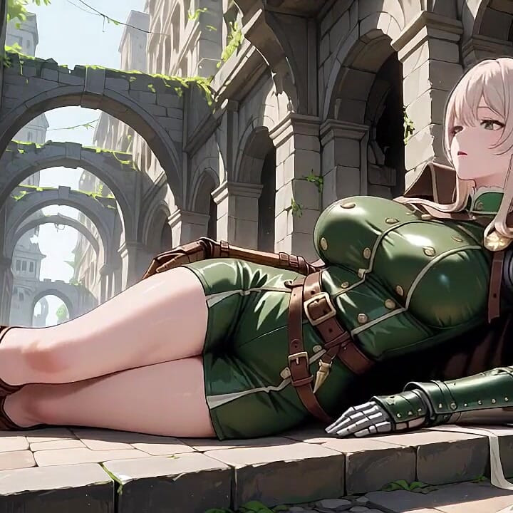 Blonde Knight's Afternoon! Green Uniform Golden Mechanical Arms, leniwie kontemplując w starożytnych kamiennych ruinach.