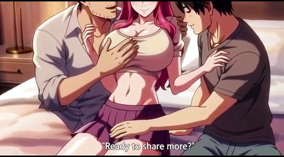Two boy and one girl threesome in hotel room