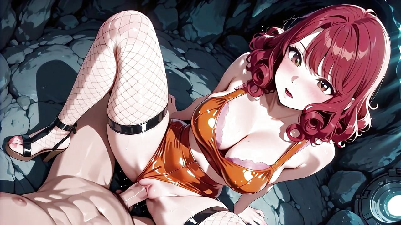 Anime rothaarige reitet hart im orange bikini, bis zum tropfenden Überlauf