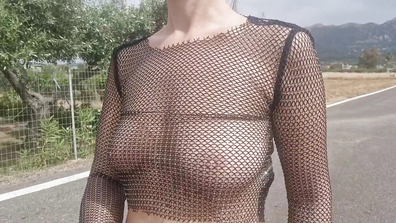 see-through blouse flashing tits in public