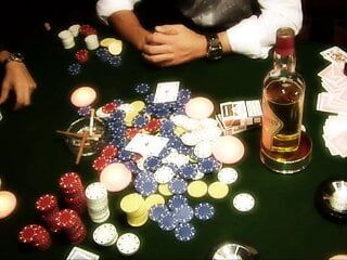 Dirty whore gets gangbanged on a poker table by three fuckers