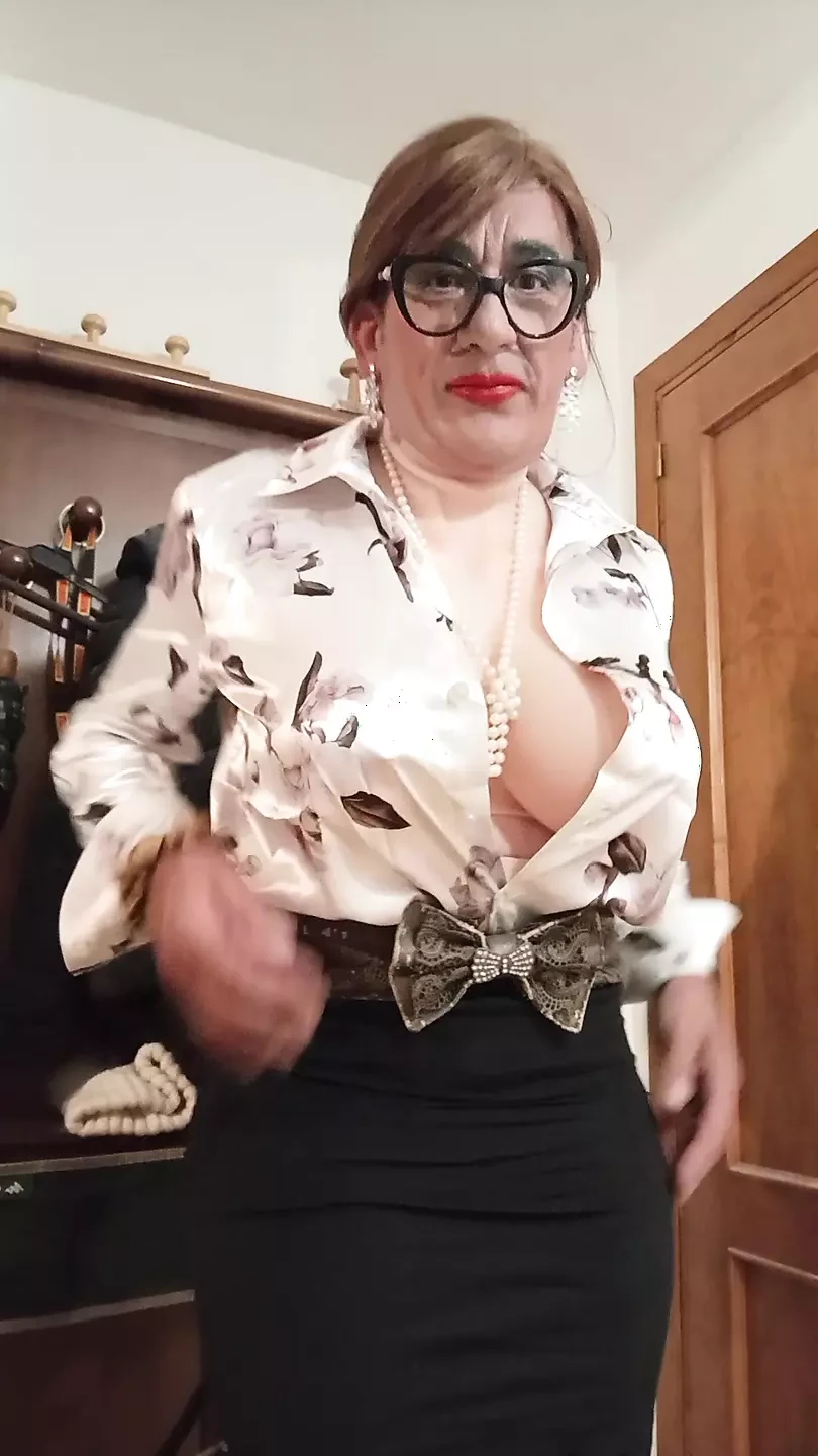 Beautiful breasts with satin blouse..