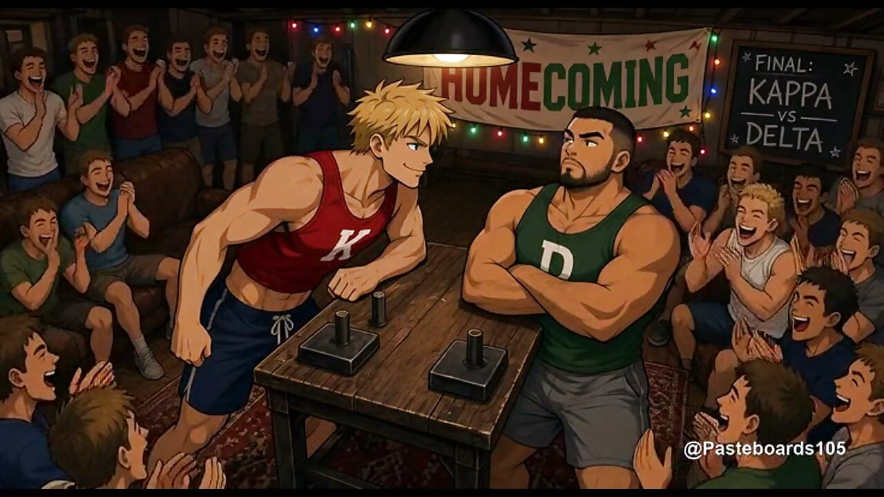 The Bet - Frat Captains Arm-Wrestling Wager, Loser Strapped To The Basement Bench (2D Anime Bara)