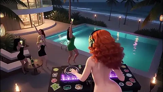 AI- DJ Girls in Private Exclusive Party - Beach Sunset + Tron Futuristic  + Tokyo Neon