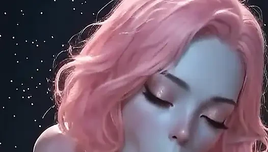Pink-haired AI elf gives a blowjob, does a titjob, rides cowgirl-style, and ends up with cum dripping from her mouth