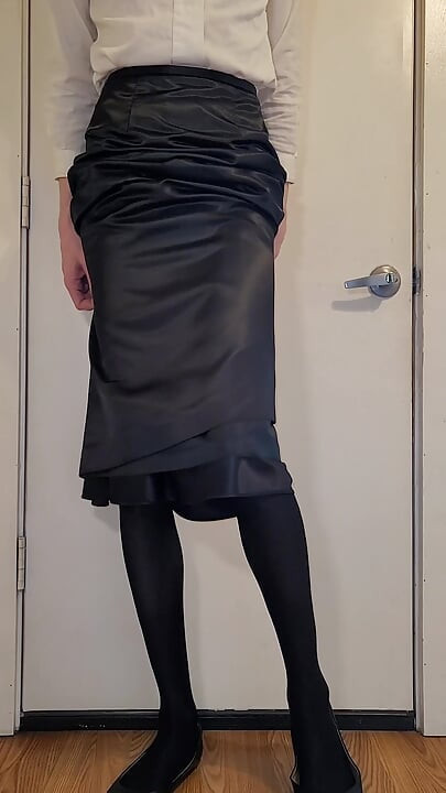 Long black satin skirt with a black satin half slip.