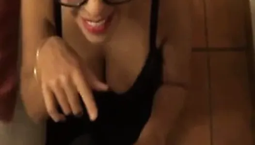 Hot busty girl in glasses gives blowjob and gets huge facial