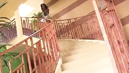 Bald black stud gets a blowjob from ebony bitch then fucks her asshole