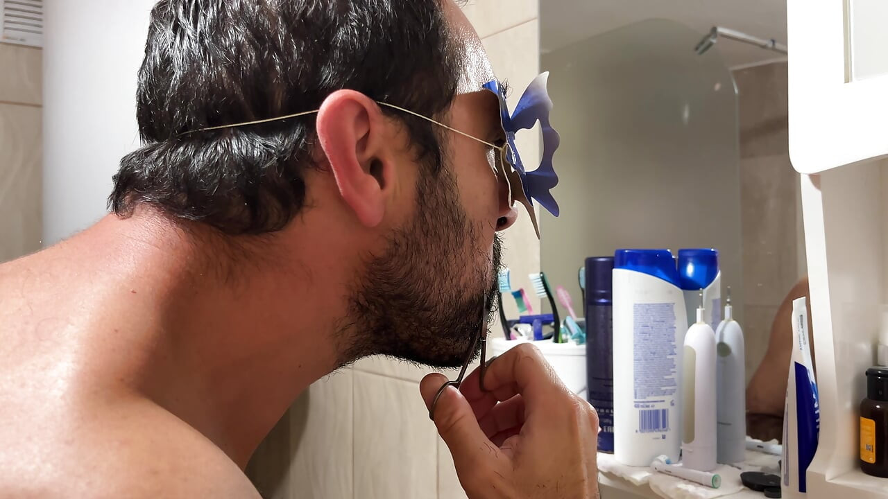 Grooming Routine Earl Smile Trimming Beard With Scissors In Bathroom
