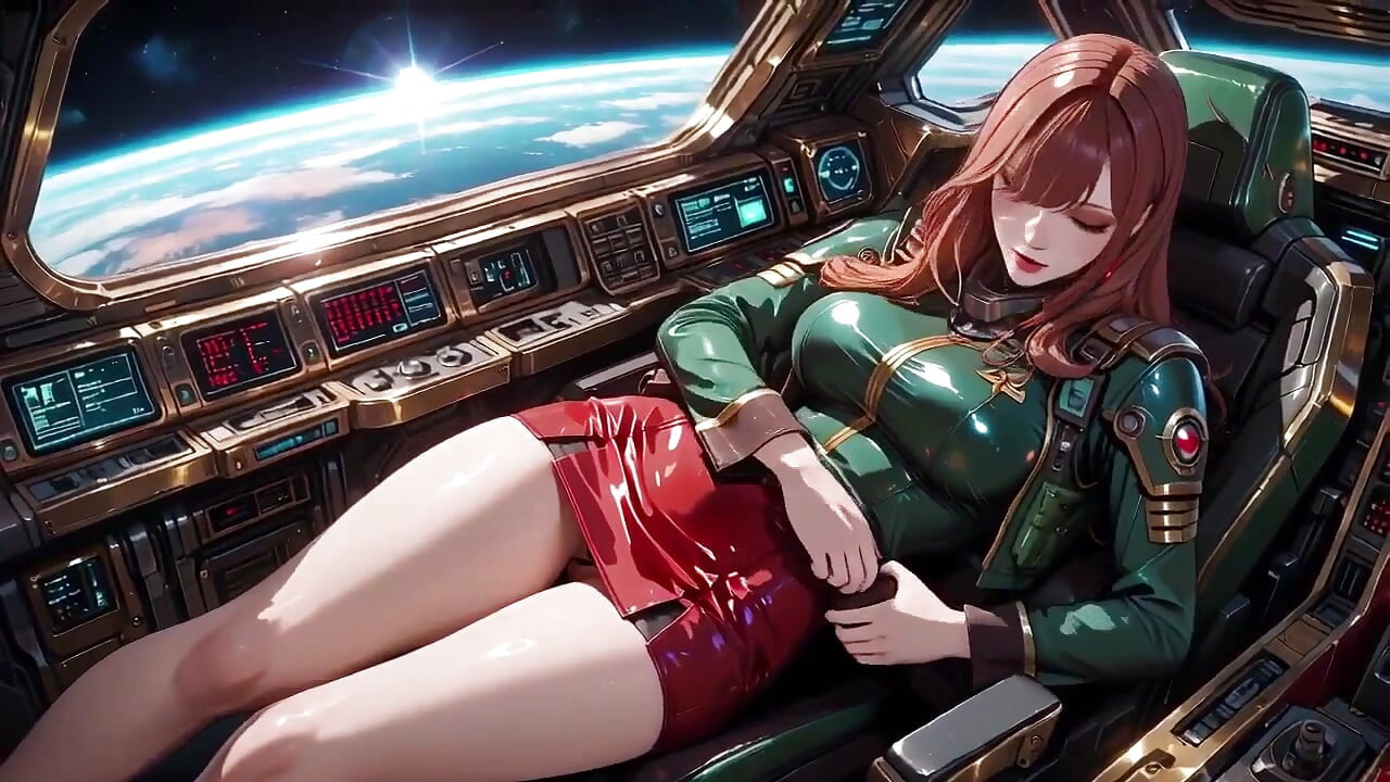 Redhead Commander in Green Sci-fi Uniform! Lazy, Teasing Vibes While Playing with Candlelight on the Spaceship Bridge.
