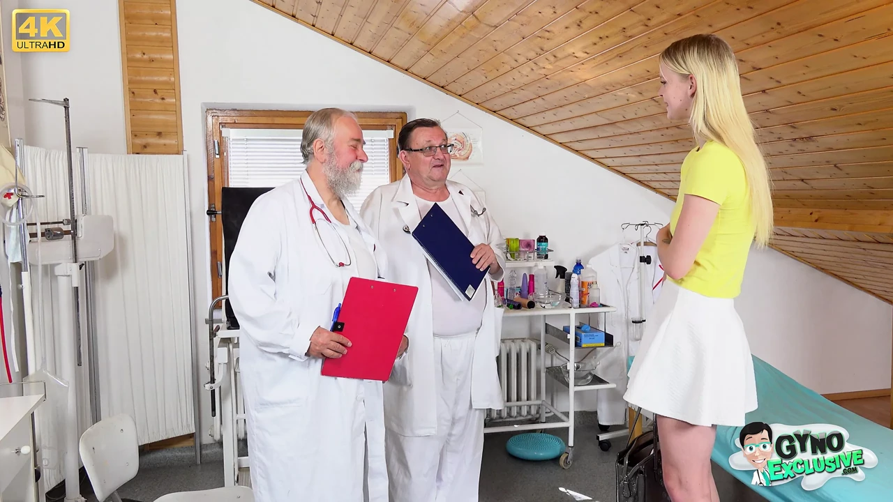 20-year-old sexy blonde girl Ariela Donovan gets her aroused pussy examined by 2 old gynecologists