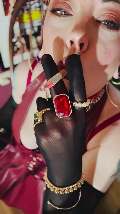 Red Leather & Cigarettes! Tina Snua Smoking A Cigarette Wearing Black Sheer Gloves & Jewelry
