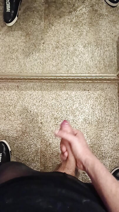 Young horny cock slut naughty guy jerks off his big cum dripping cock in girlfriend's kinky nylons