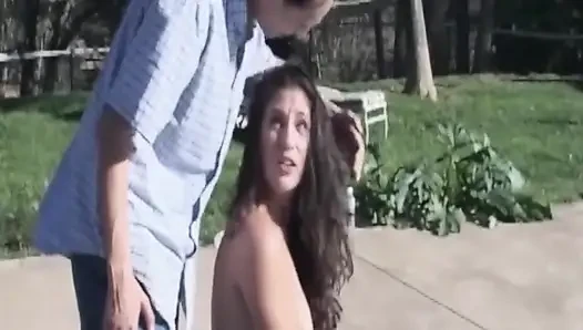 Brunette Babe Deepthroats Throbbing Cock Outdoors Drooling Wildly