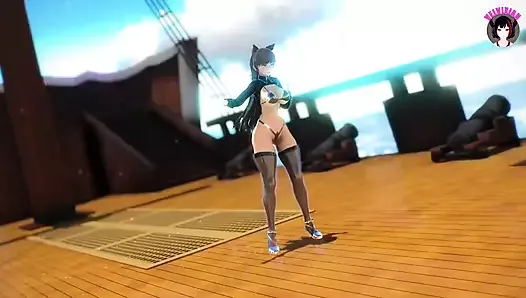 セクシーな黒いストッキングで踊る巨大なお尻の猫の女の子(3D HENTAI)