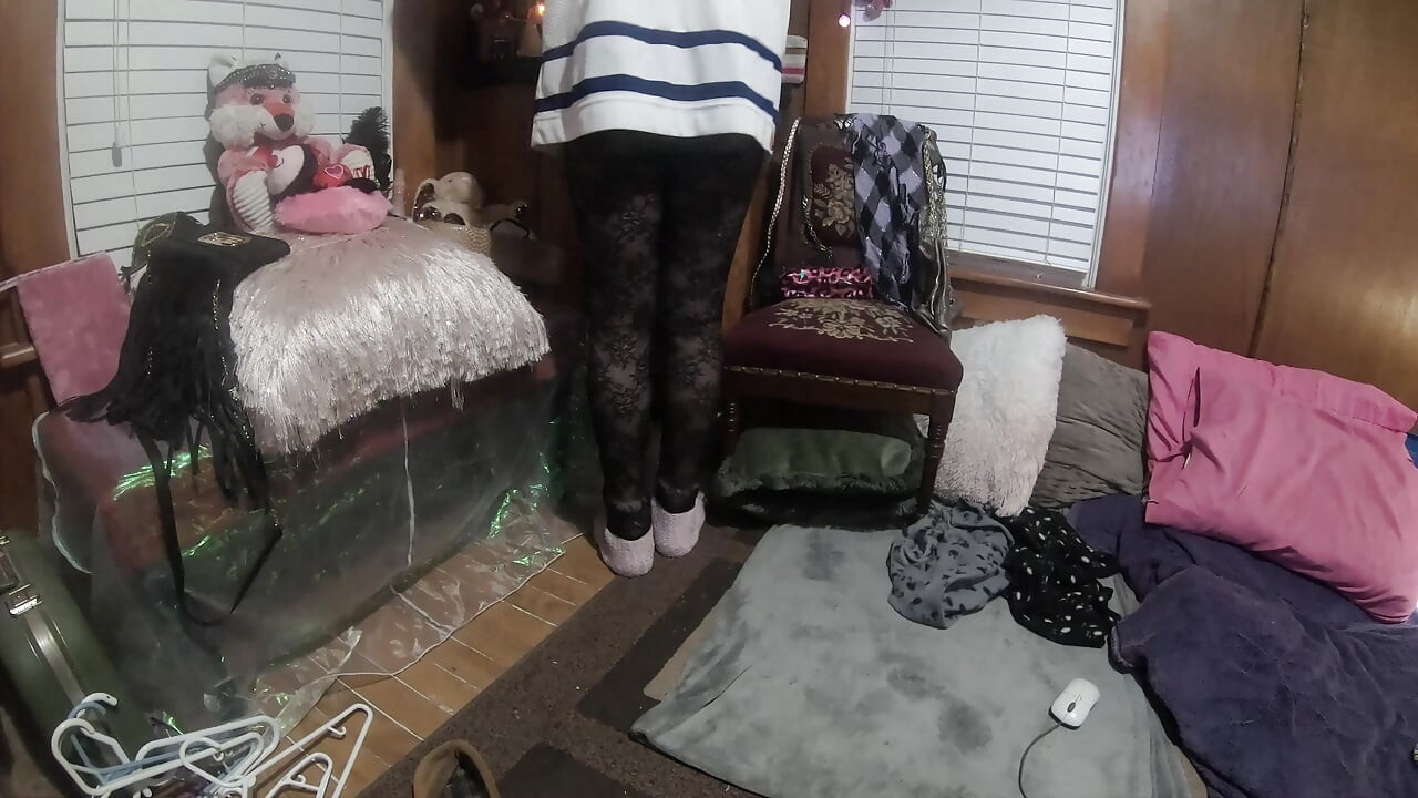 Cute t-girl teasing in lacy tights with socks and hockey jersey